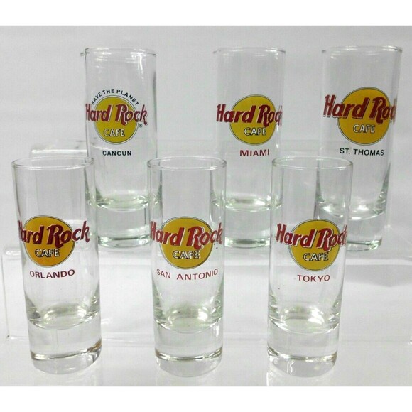 Lot of 6 Hard Rock Cafe Shot Glasses Cancun Miami St Thomas Tokyo Orlando